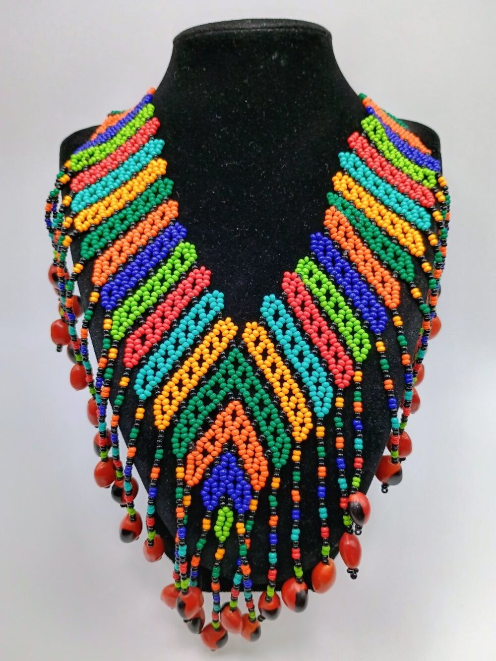 Handmade Necklace with Multicolored Beads and Huayruro Seeds - Geometric Design